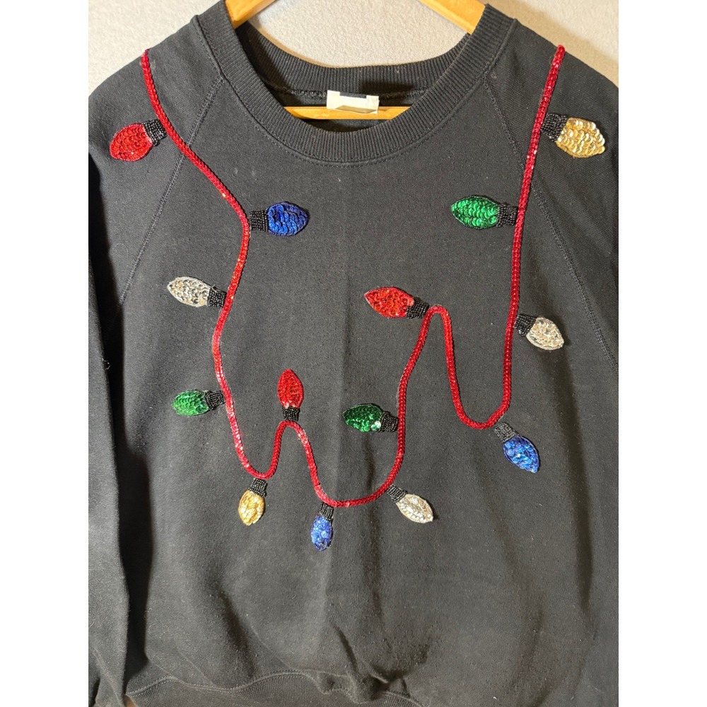 Vintage Lee Christmas Lights Sequin Beaded Sweatshirt Black 2XLT Made in USA - Picture 2 of 10